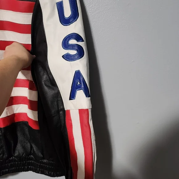 OSCAR PIEL Leather USA Flag Jacket Mens Large Black Red White Blue Stars Stripes - Picture 10 of 15